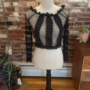 San Joy Black Sheer Ruffle Love Sleeve Crop Top Size S